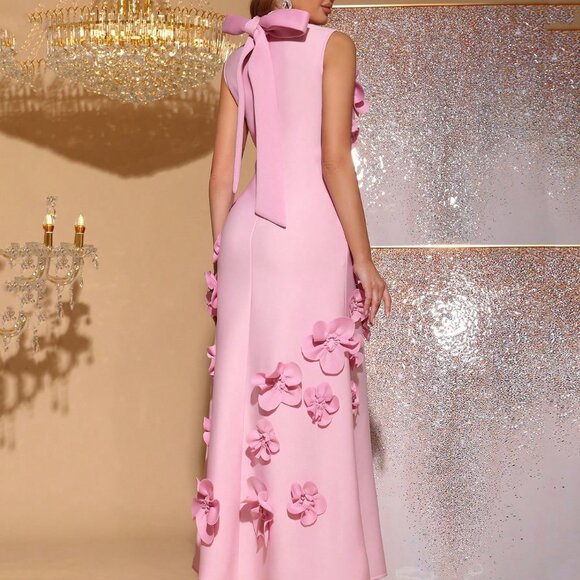 Pink Elegant Women's 3d Floral Decor Slim Fit High Neck Sleeveless Dress - Picture 6 of 8